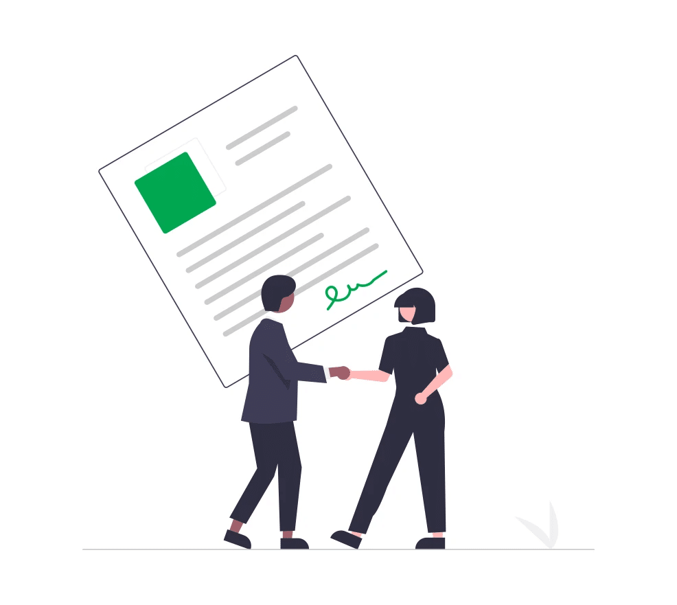 two persons shaking each others hand en having a signed contract in the back